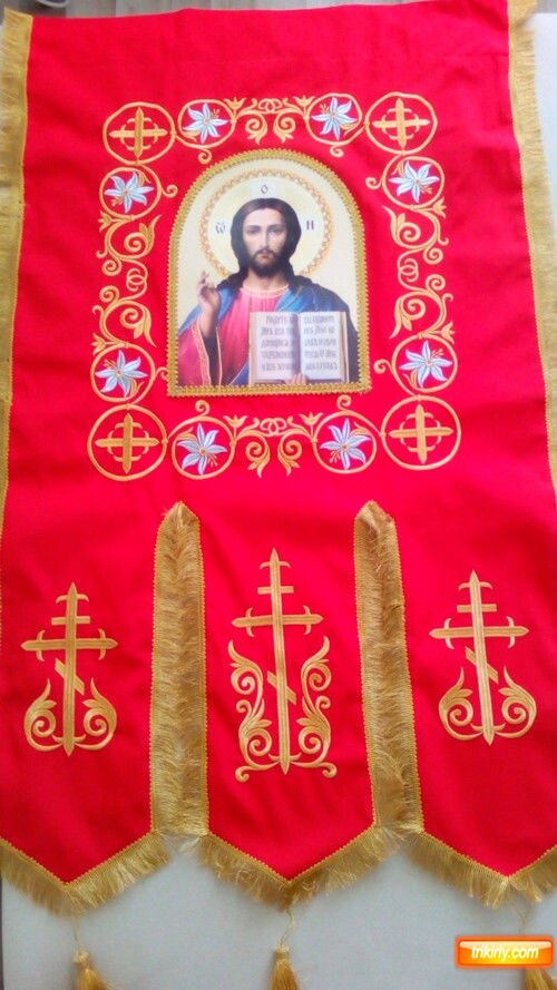Хоругва червона церковна тканинна (на габардині) 115х60см від компанії Церковна крамниця "Покрова" - церковне начиння - фото 1