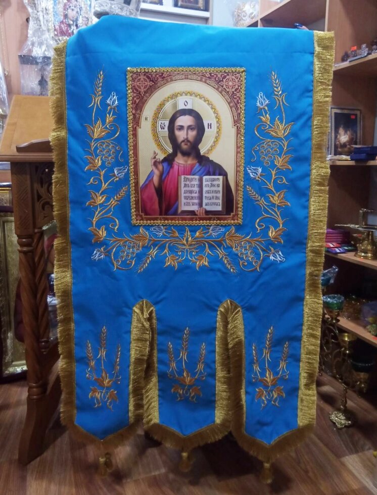 Хоругва православна для храму, сині (габардин) від компанії Церковна крамниця "Покрова" - церковне начиння - фото 1