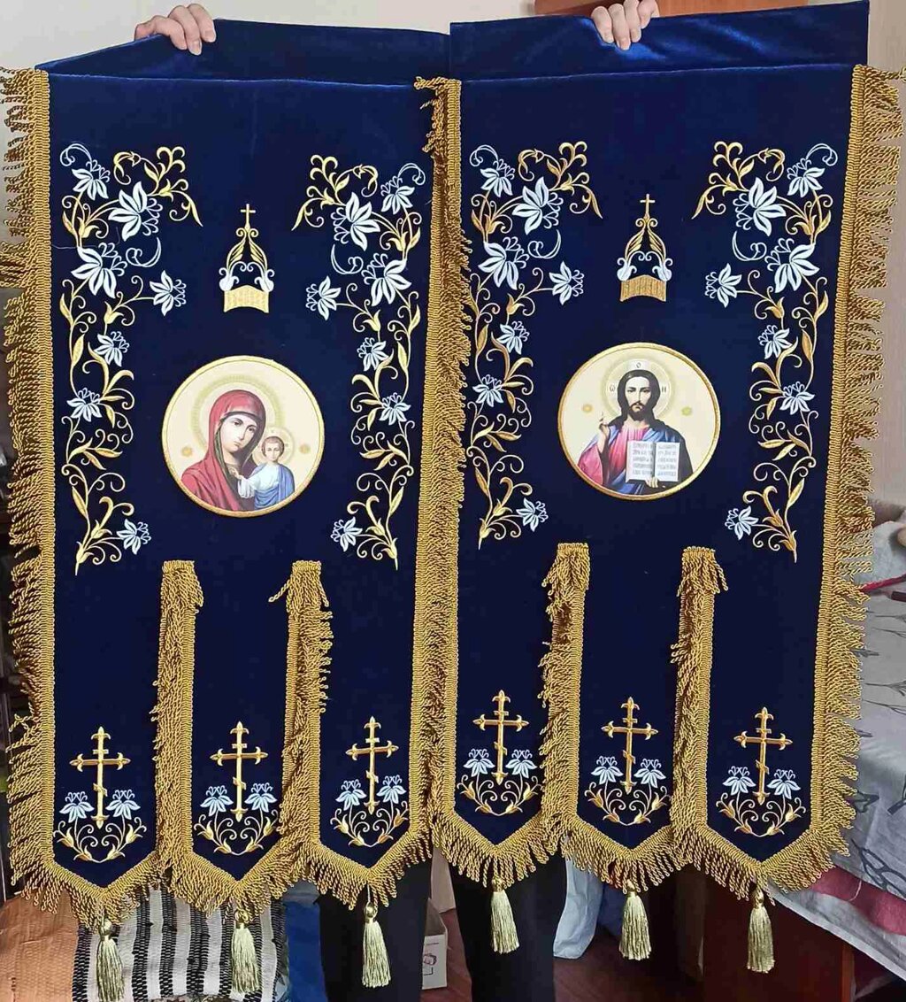 Хоругви церковні сині, вишивка на оксаміті, термодрук ікони 100 * 60см від компанії Церковна крамниця "Покрова" - церковне начиння - фото 1