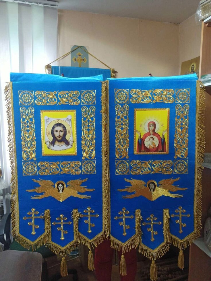 Хоругви сині православні, вишивка на оксаміті, ікона друк 100 * 50см від компанії Церковна крамниця "Покрова" - церковне начиння - фото 1