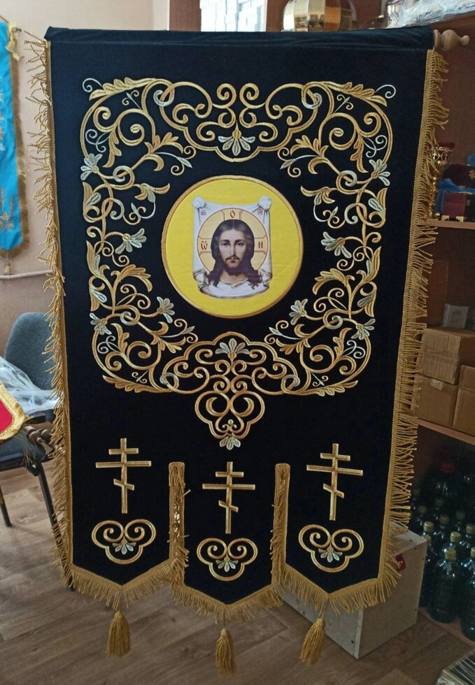 Хоругви Великі з вишивкою на оксаміті, термодрук ікони 120 * 80см від компанії Церковна крамниця "Покрова" - церковне начиння - фото 1