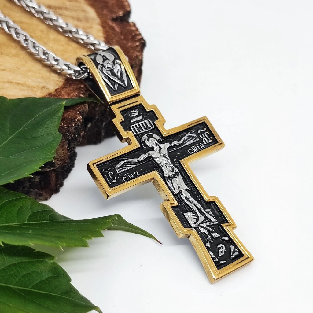 Хрест з ланцюжком чорний градієнт з широкою золотою облямівкою від компанії Церковна крамниця "Покрова" - церковне начиння - фото 1