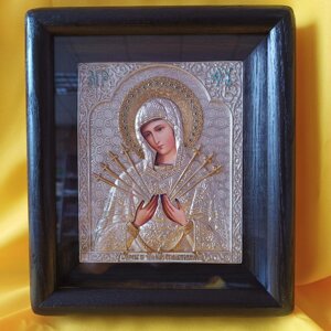 Срібна ікона "Божа Матір Семистрільна" 24х21см (темний кіот)