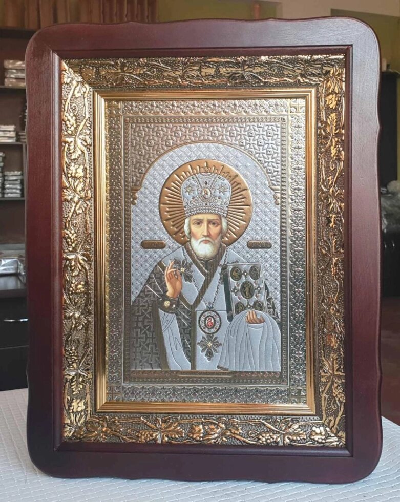 Ікона Миколи Чудотворця під срібло, кіот 32x42см від компанії Церковна крамниця "Покрова" - церковне начиння - фото 1