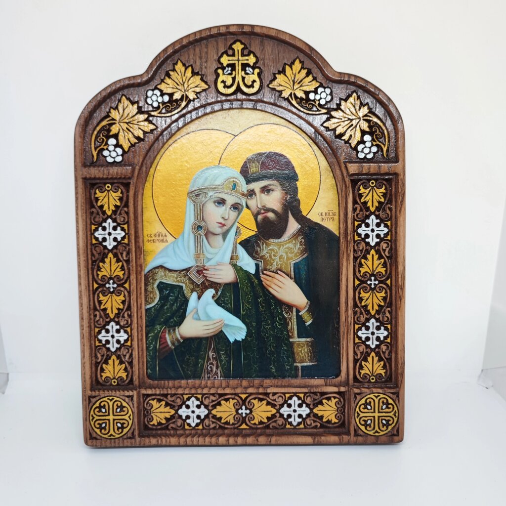 Ікона Петро і Февронія 22х28 см. Різьблений кіот з ясена від компанії Церковна крамниця "Покрова" - церковне начиння - фото 1