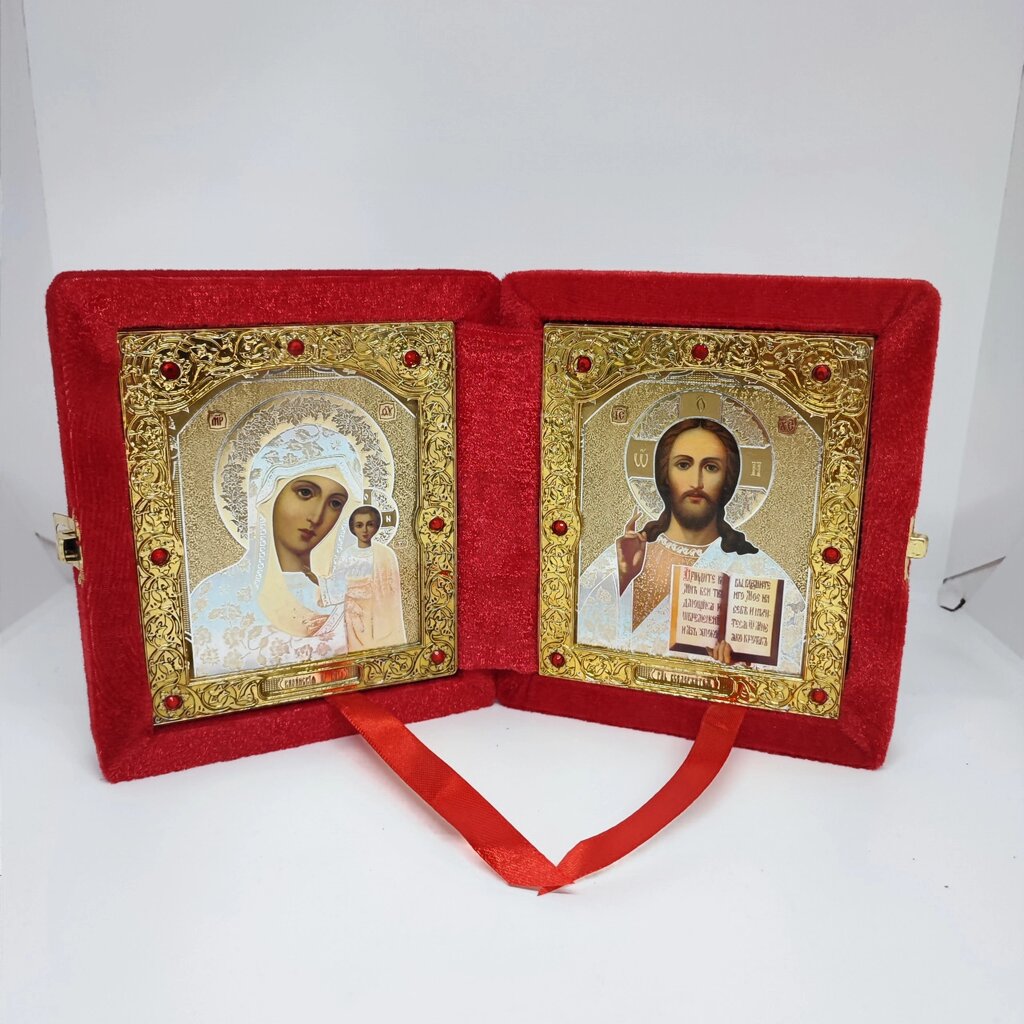 Ікона-складень подвійна під золото (червона) від компанії Церковна крамниця "Покрова" - церковне начиння - фото 1