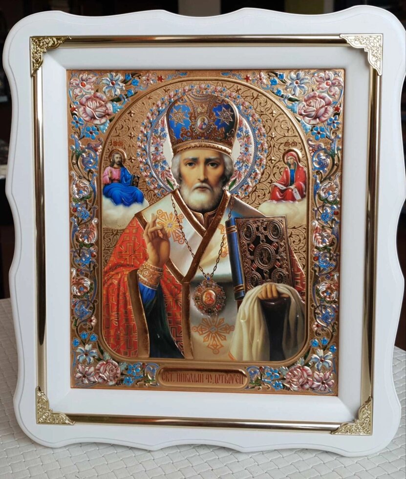 Ікона Святого Миколая для дому, білий кіот 30х26см від компанії Церковна крамниця "Покрова" - церковне начиння - фото 1