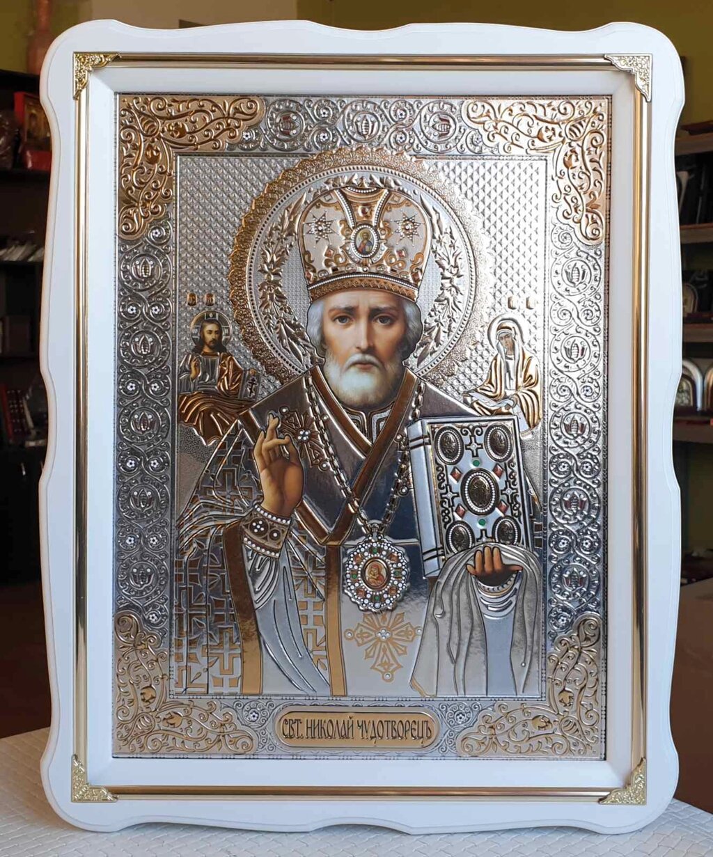 Ікона Святого Миколая з літографією за склом 47х37см від компанії Церковна крамниця "Покрова" - церковне начиння - фото 1