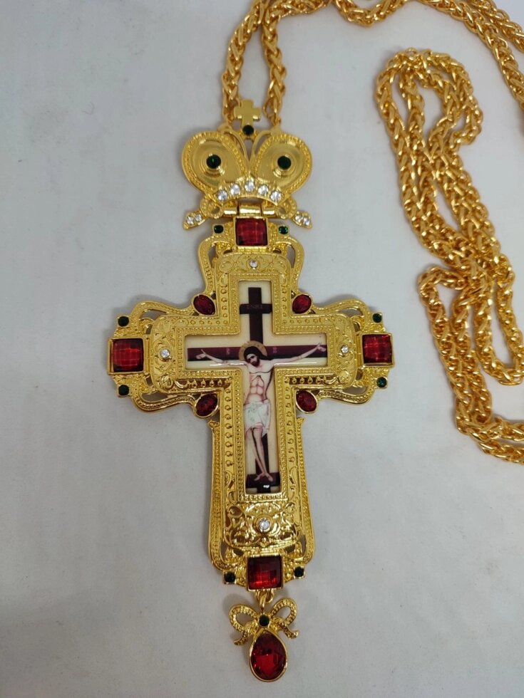 Наперсний хрест для батюшки з покриттям під золото з декором камінням від компанії Церковна крамниця "Покрова" - церковне начиння - фото 1