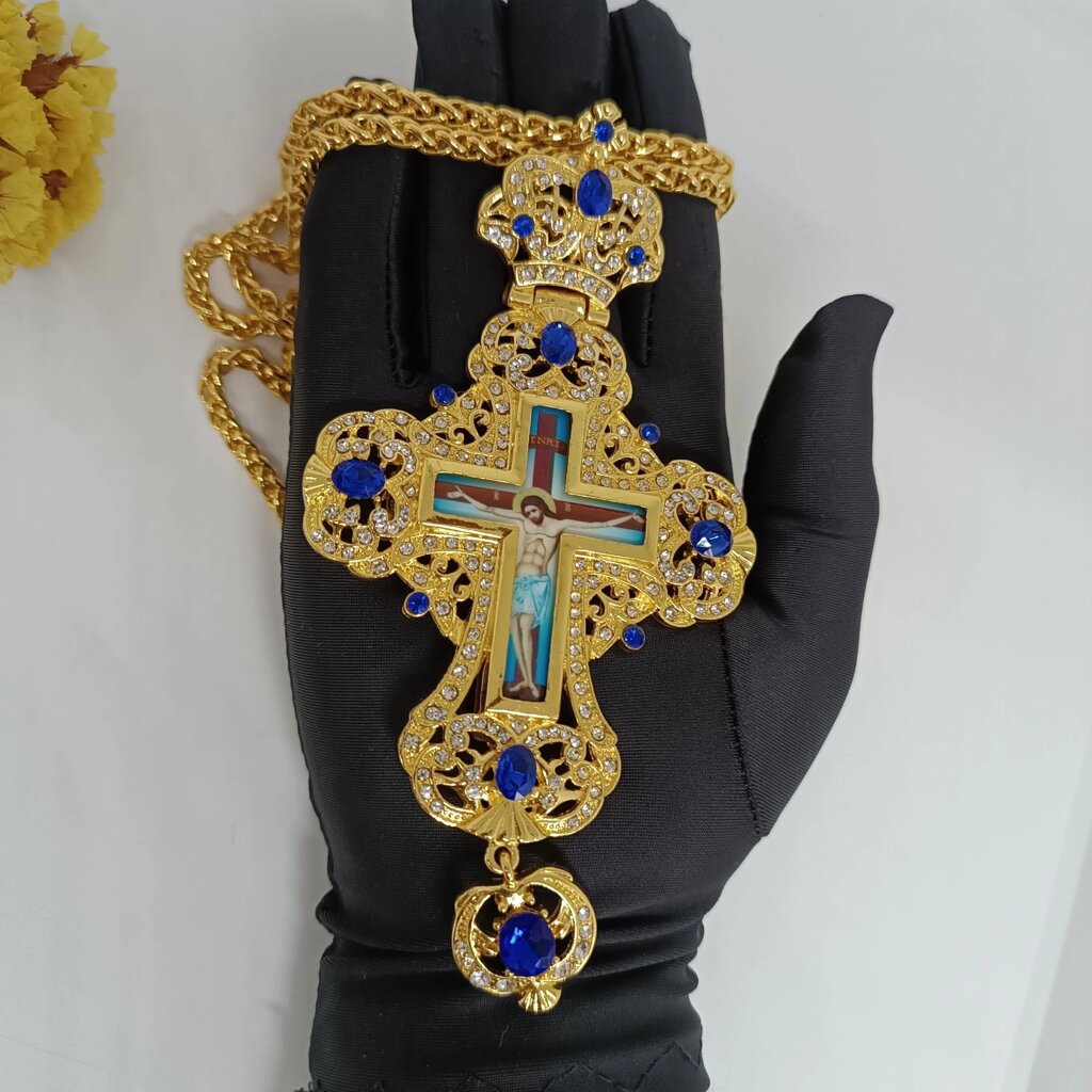 Наперсний хрест для священика з синім камінням від компанії Церковна крамниця "Покрова" - церковне начиння - фото 1