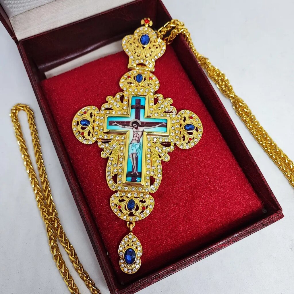Наперсний хрест для священика з синім камінням від компанії Церковна крамниця "Покрова" - церковне начиння - фото 1