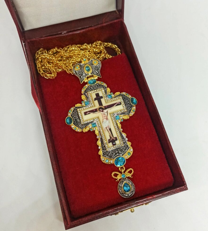 Наперсний хрест із синім камінням і золотою цепочкою від компанії Церковна крамниця "Покрова" - церковне начиння - фото 1