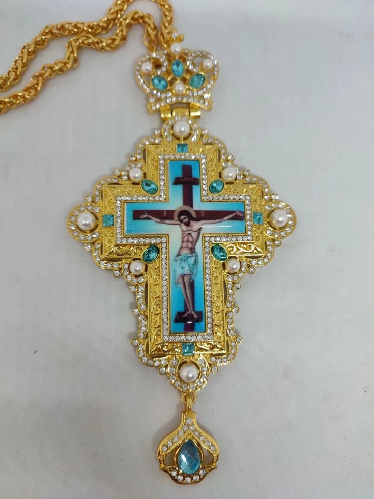 Наперсний хрест з голубим камінням і золотою цепочкою від компанії Церковна крамниця "Покрова" - церковне начиння - фото 1