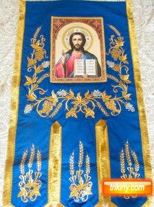 Хоругва церковна тканинна синя на габардині 115х60см