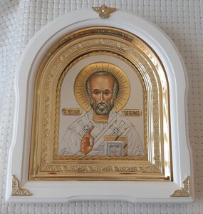 Ікона Святителя Миколая Чудотворця в білому АРКОВ кіоті, розмір 25 х 28см
