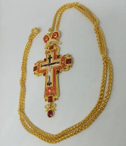 Наперсний хрест для батюшки з покриттям під золото та з червоним обрамленням