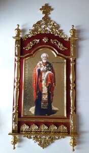 Настінна ікона в різьбленому кіоті із позолотою Св. Миколай