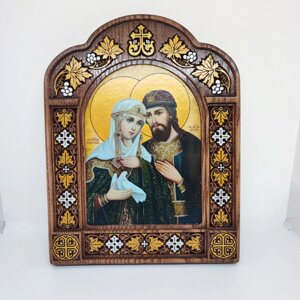 Ікона Петро і Февронія 22х28 см. Різьблений кіот з ясена