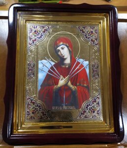 Семістрільна ікона Божої Матері з вставками емалі 40х35см