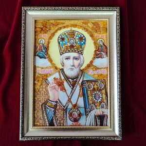 Святий Миколай ікона з бурштину 20х30 см