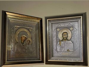 Пара Ікон зі сріблом та золотом « Казанська Божа Матір та Ісус Христос Вседержитель»
