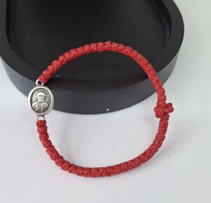 Комбоскіні, освячений червоний браслет на руку зі срібною іконою Св. Миколая (Афон)