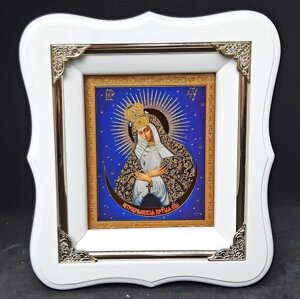 Ікона Пресвята Богородиця Остробрамська в білому фігурному кіоті 19 х 17см