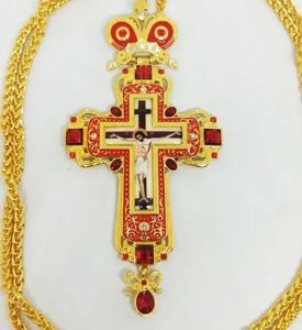 Наперсний хрест для батюшки з покриттям під золото та з червоним обрамленням