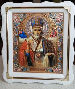 Ікона Святого Миколая для дому, білий кіот 30х26см