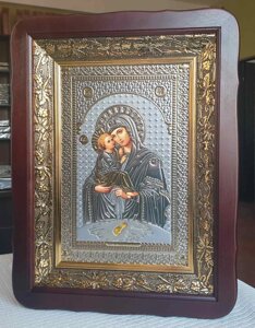 Почаївська ікона Божої Матері під срібло, кіот 32x42см