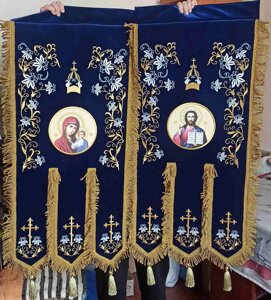 Хоругви церковні сині, вишивка на оксаміті, термодрук ікони 100 * 60см