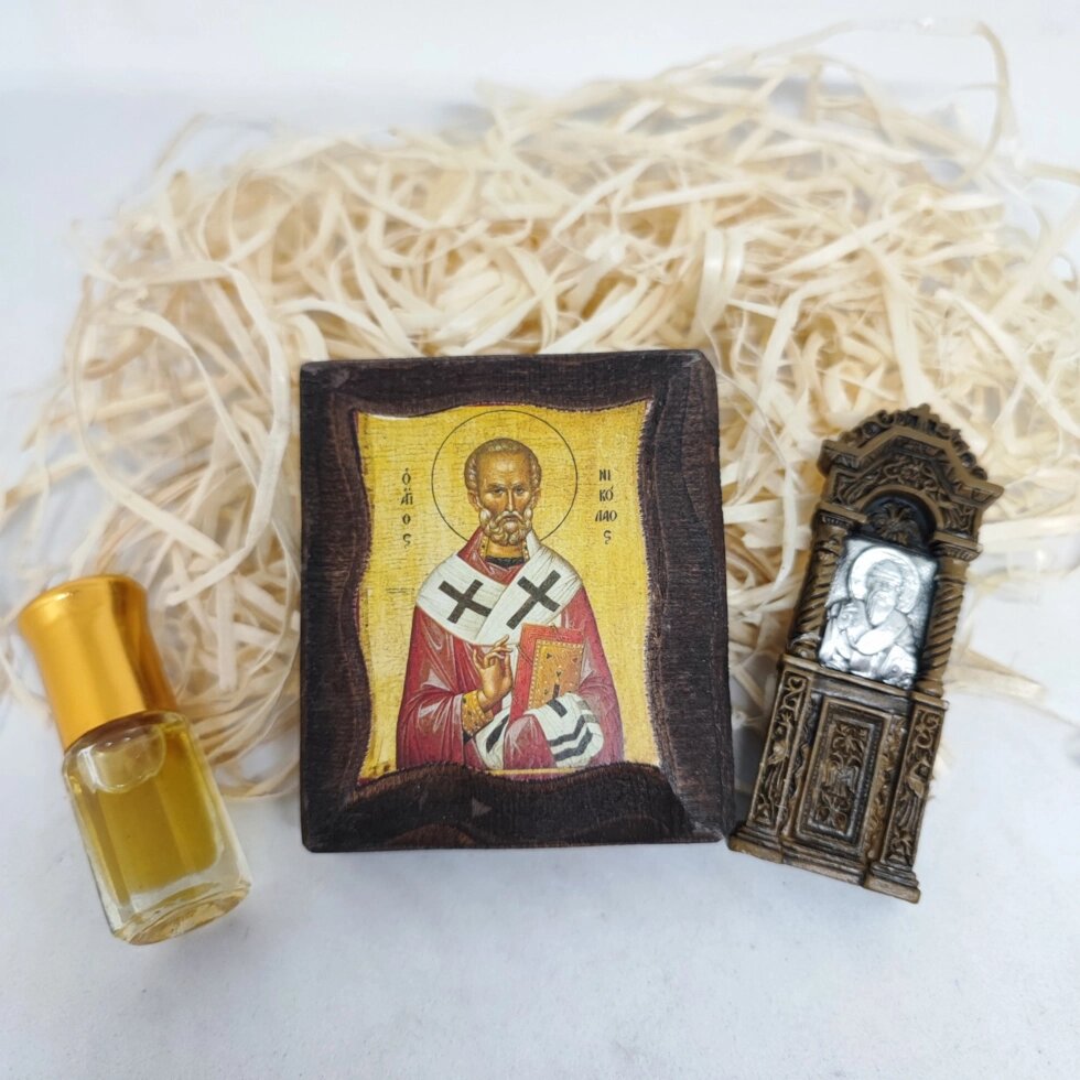 Подарункові набори св. Миколая, в наборі магнітик іконостас, іконка святого і миро ароматичне від компанії Церковна крамниця "Покрова" - церковне начиння - фото 1
