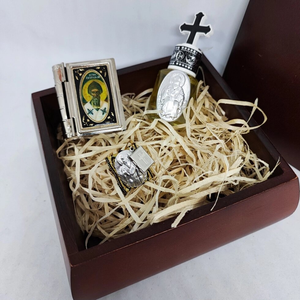 Подарунковий набір зі шкатулкою, масло св. Спиридона + скринька + подушечка (Греція, о. Корфу) від компанії Церковна крамниця "Покрова" - церковне начиння - фото 1