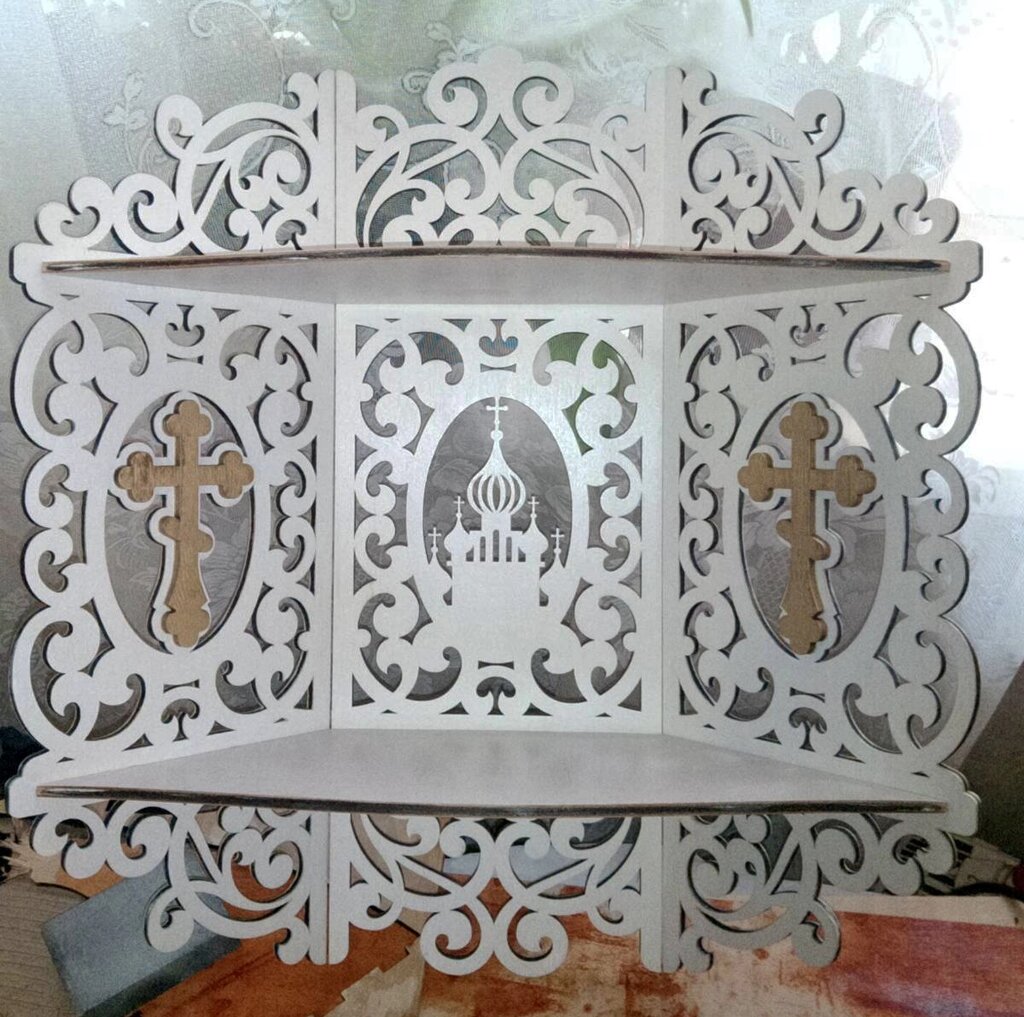 Полиця для ікон на два яруси з хрестами і церквою (з фанери 6 мм) від компанії Церковна крамниця "Покрова" - церковне начиння - фото 1