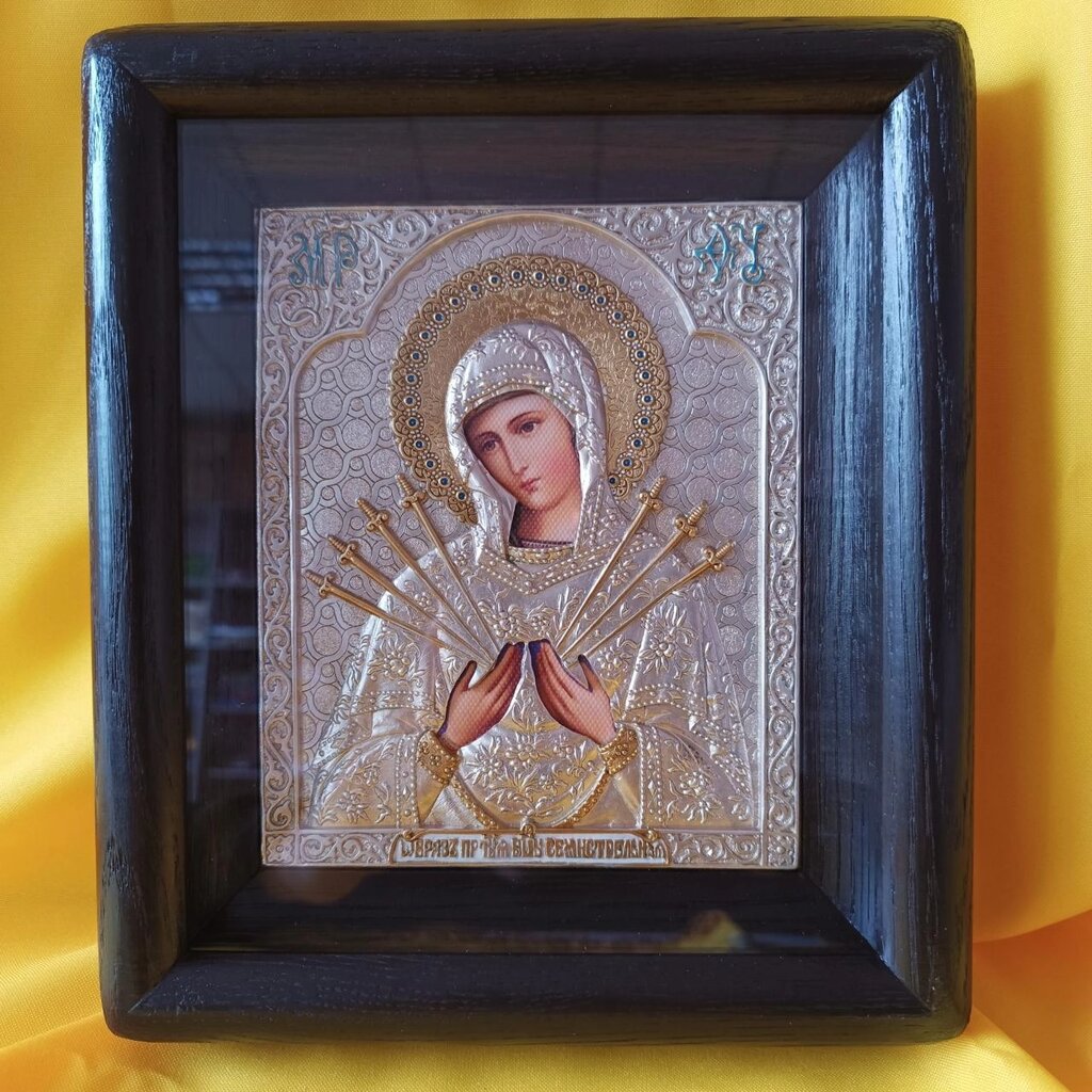 Срібна ікона "Божа Матір Семистрільна" 24х21см (темний кіот) від компанії Церковна крамниця "Покрова" - церковне начиння - фото 1