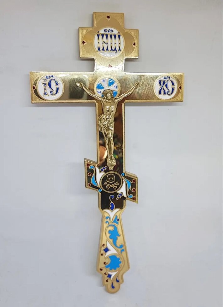 Требний хрест напрестольний з латуні з емаллю від компанії Церковна крамниця "Покрова" - церковне начиння - фото 1