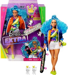Барбі Екстра Модниця зі скейтбордом з блакитним волоссям Barbie Extra Doll # 4 with Skateboard & 2 Pet Kittens