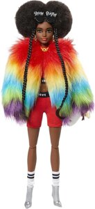 Лялька афроамериканка Барбі Екстра в райдужному манто Barbie Extra Doll # 1 in Furry Rainbow Coat оригінал