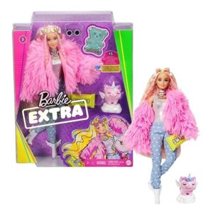 Лялька блондинка Барбі Екстра Barbie Extra Doll # 3 in Pink Fluffy Coat with Unicorn Pig Toy оригінал