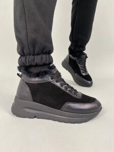 Кросівки жіночі замшеві чорні зі шкіряними вставками зимові