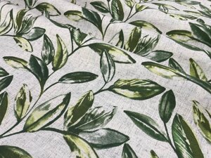 Тканина для штор та оббивки меблів з візерунком листя у зеленому кольорі з тефлоном