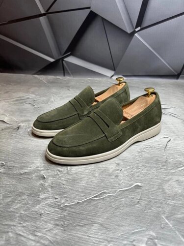Лофери чоловічі замшеві LORO PIANA Suede GREEN! Туфлі чоловічі Лофери олива! Натуральна ЗАМША!