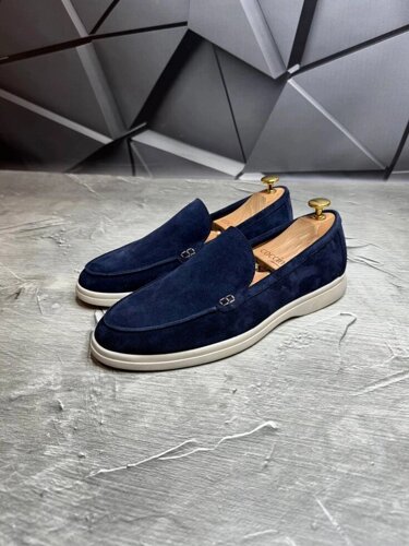 Лофери чоловічі замшеві LORO PIANA Suede LUX ROYAL! Туфлі чоловічі Лофери сині! Натуральна ЗАМША!