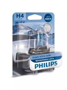 Автолампа philips 12342WVUB1 H4 60/55W 12V P43t whitevisionultra +60%4300K)