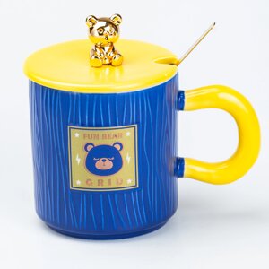 Чашка керамічна TS Kitchen Fun Bear Grid 300 мл з кришкою та ложкою синя (HP7198BL)