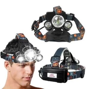 Ліхтарик налобний High Power HeadLamp 3xCree T6 з 3 діодами на акумуляторах + зарядка 12В на micro USB