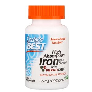 Хелатне залізо Doctor's Best High Absorption Iron 27 мг 120 пігулок (DRB00459)