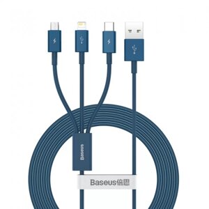 Кабель Baseus 3в1 Fast Charging MicroUSB+TypeC+Lightning 3.5A CAMLTYS-03 1.5 м Синій