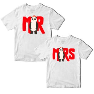 Комплект білих футболок для закоханих з принтом "Pandas Mr. Mrs. Панди містер місіс Кавун ФП011799 S M