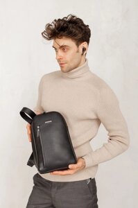 Шкіряний чоловічий рюкзак (сумка-слінг) на одне плече Chest Bag чорний BlankNote